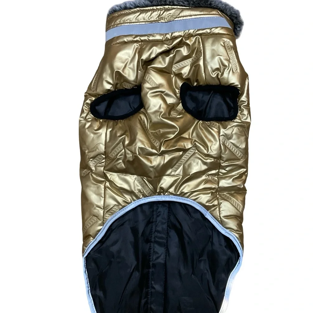 NWOT Gold Metallic Reflective Dog Puffer Jacket 3XL Faux Fur Lined 24” x 24”